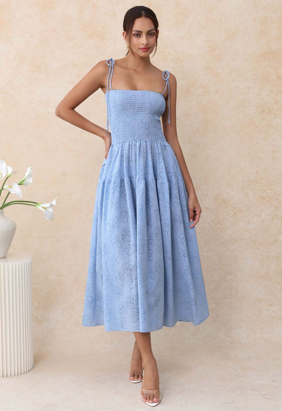 Flower Eyelet Gingham Shirred Cami Dress in Light Blue
