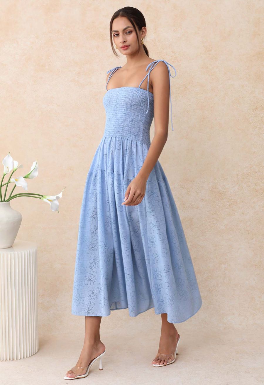 Flower Eyelet Gingham Shirred Cami Dress in Light Blue