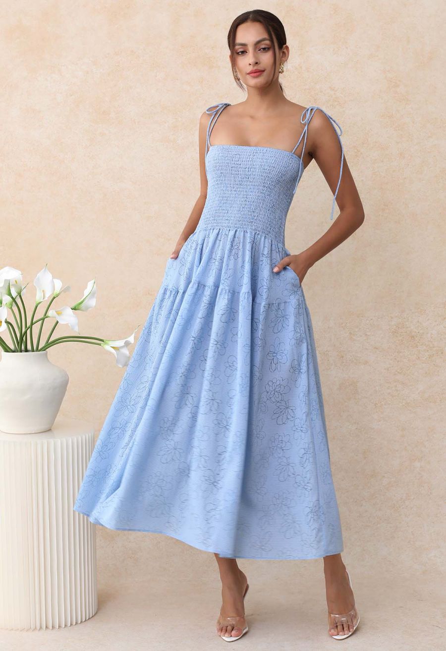 Flower Eyelet Gingham Shirred Cami Dress in Light Blue