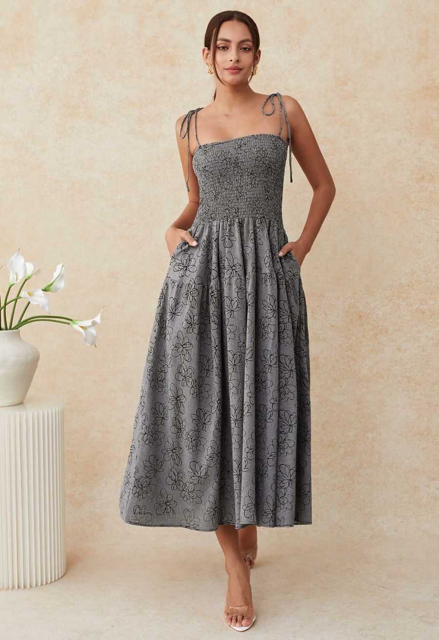 Flower Eyelet Gingham Shirred Cami Dress in Smoke