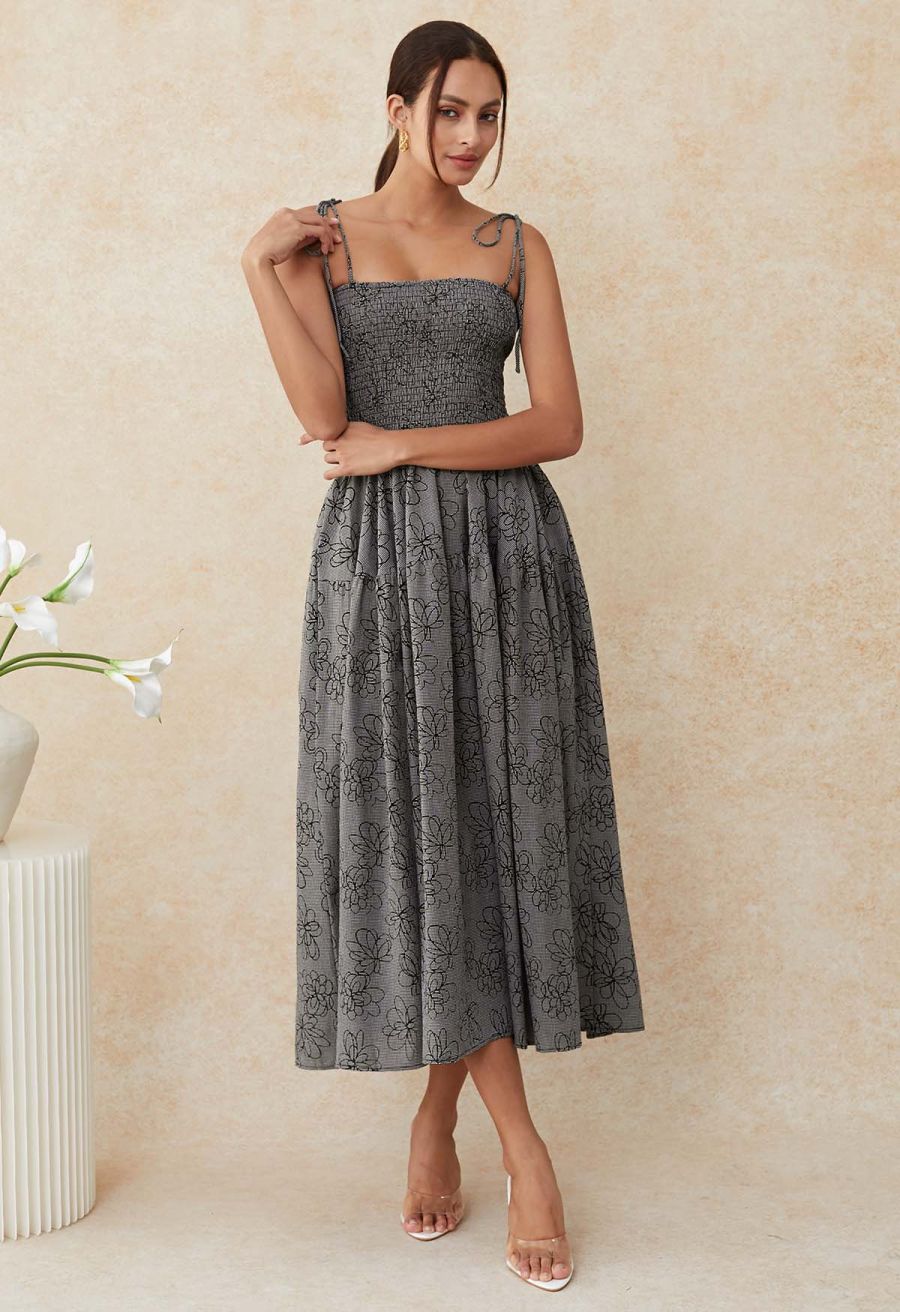 Flower Eyelet Gingham Shirred Cami Dress in Smoke