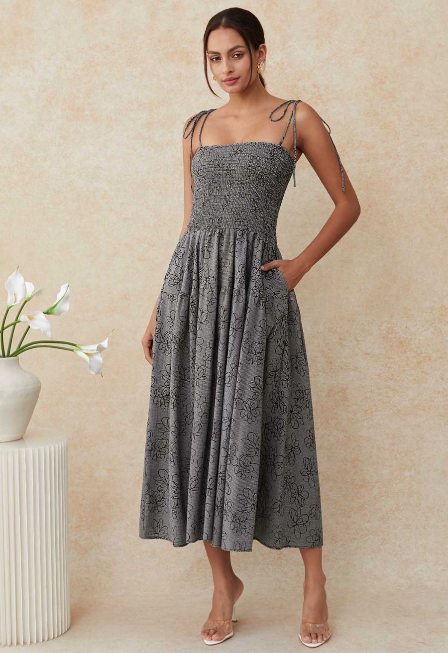 Flower Eyelet Gingham Shirred Cami Dress in Smoke