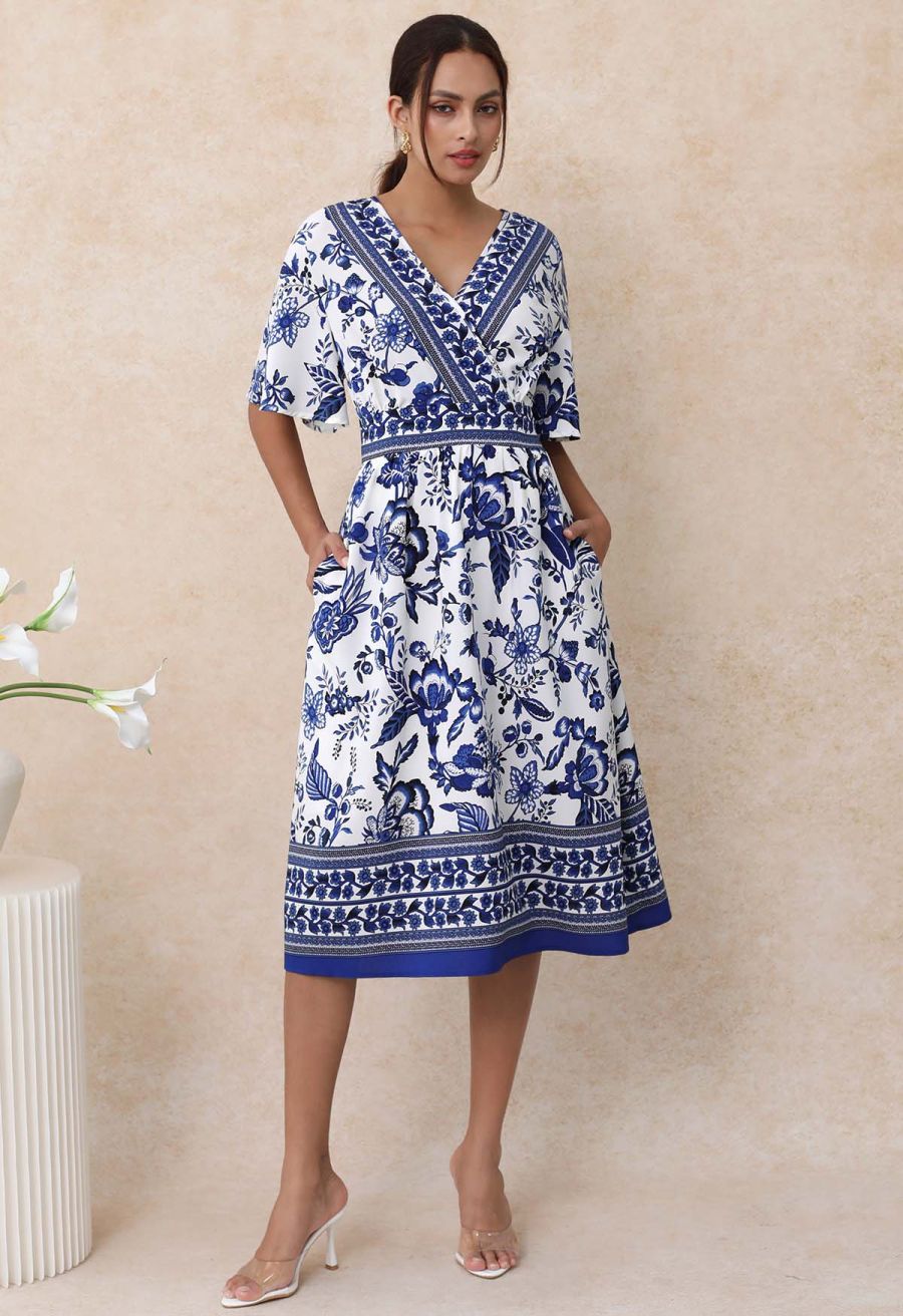Navy Floral Faux-Wrap Flutter Sleeve Midi Dress