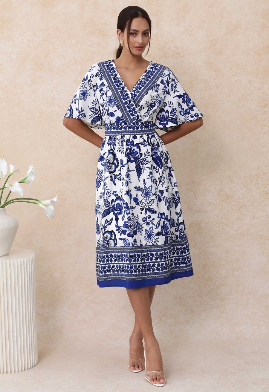 Navy Floral Faux-Wrap Flutter Sleeve Midi Dress