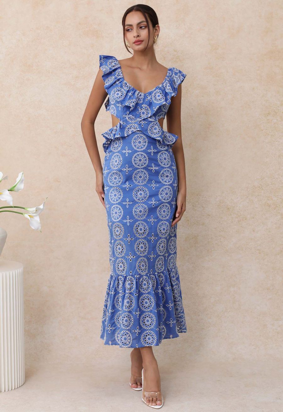Open Back Ruffle Floral Embroidery Eyelet Maxi Dress
