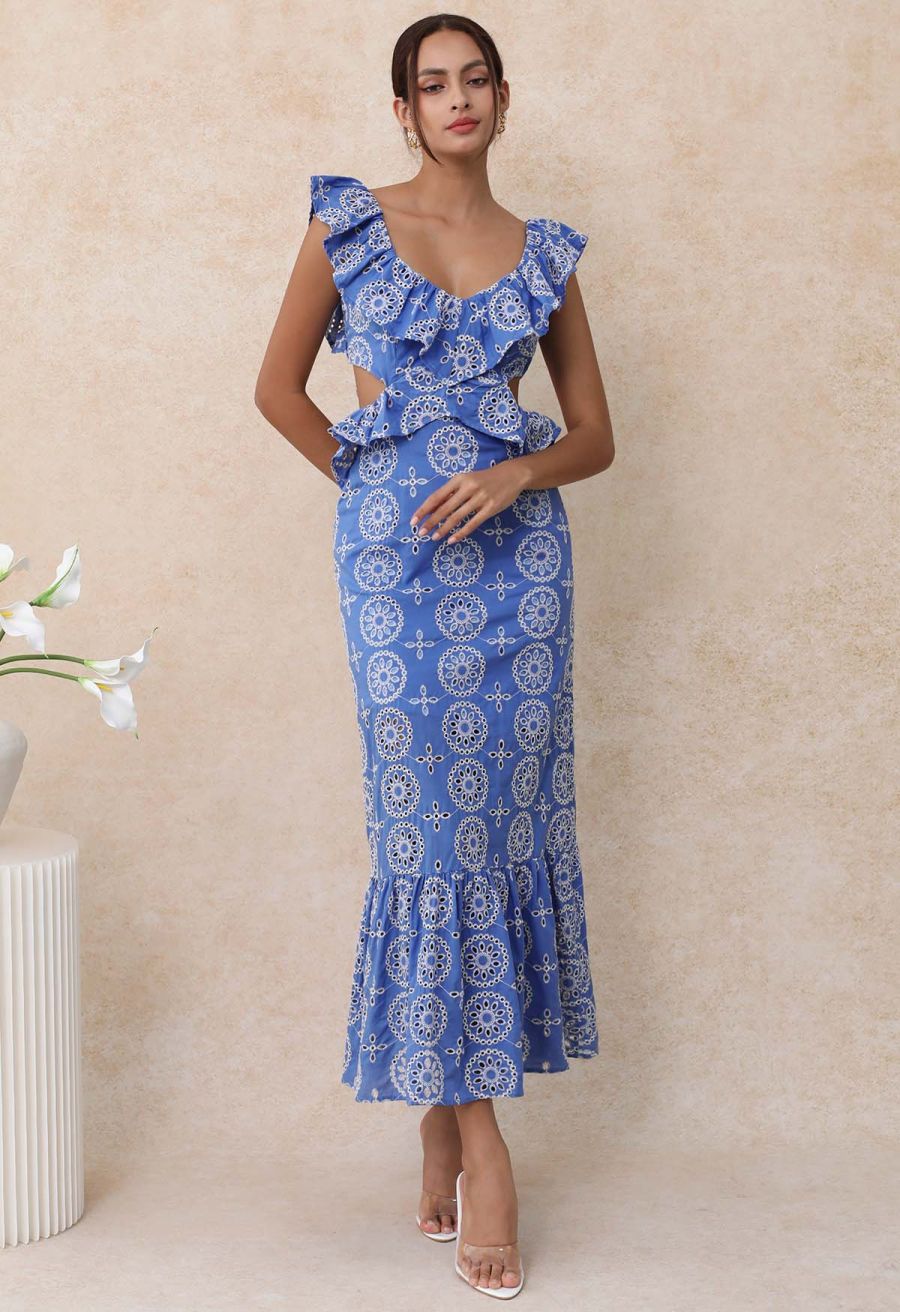 Open Back Ruffle Floral Embroidery Eyelet Maxi Dress