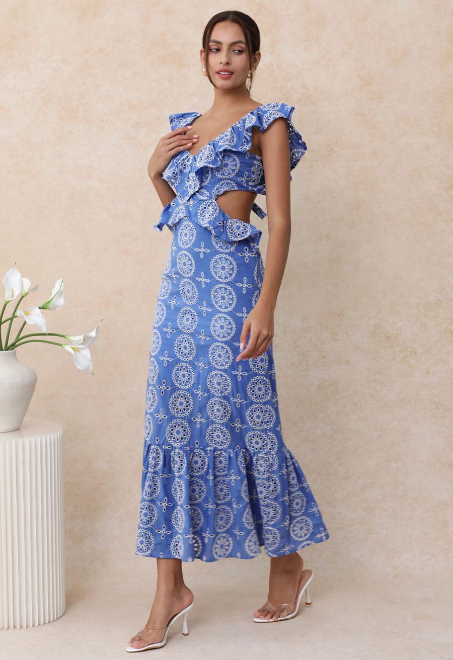 Open Back Ruffle Floral Embroidery Eyelet Maxi Dress