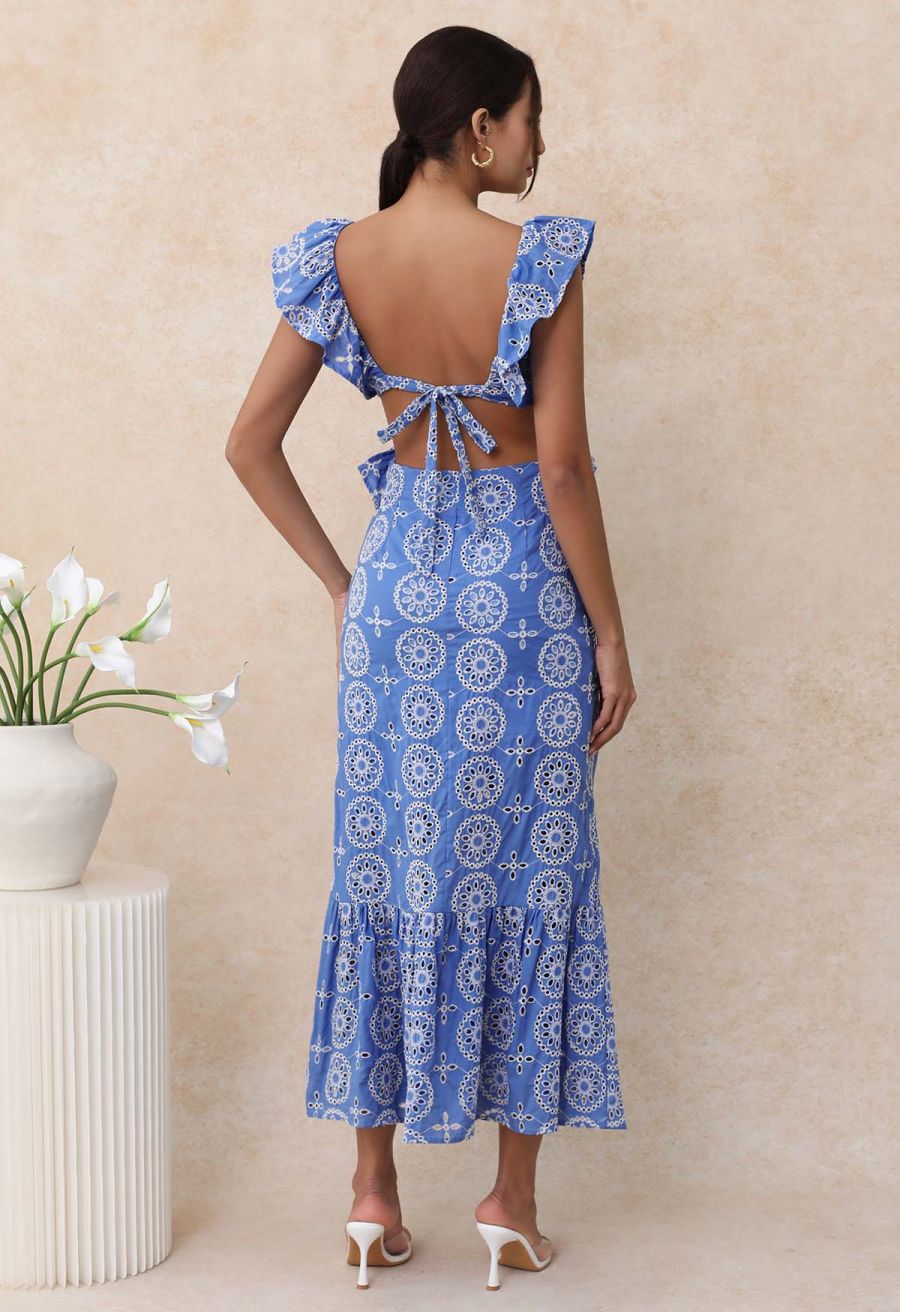 Open Back Ruffle Floral Embroidery Eyelet Maxi Dress