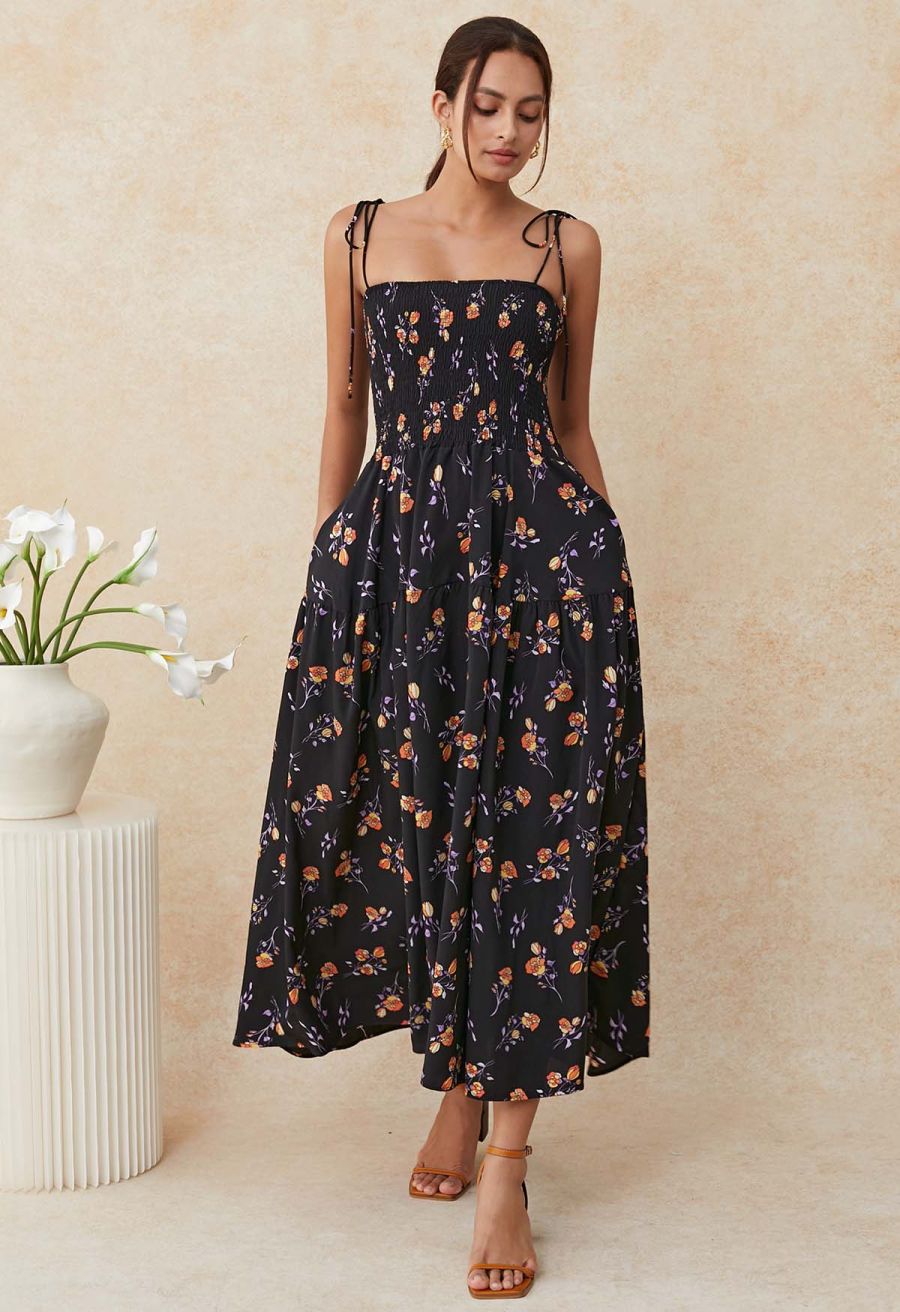 Orange Posy Printed Tie-Shoulder Shirred Dress