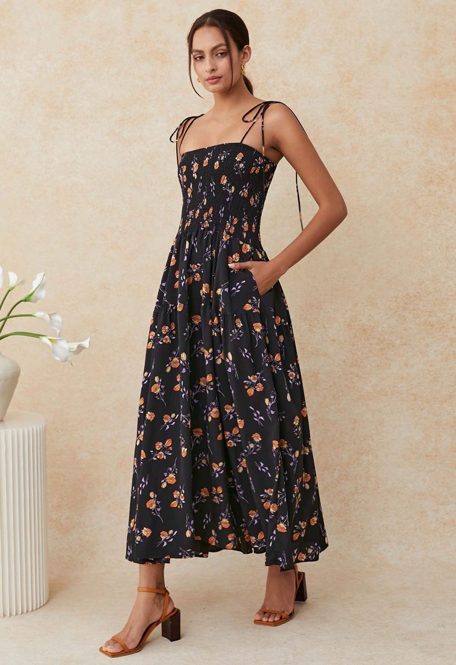 Orange Posy Printed Tie-Shoulder Shirred Dress