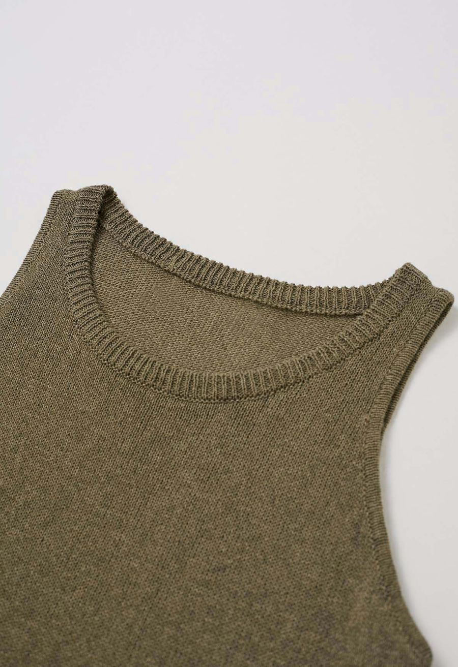 Crew Neck Sleeveless Cotton Crop Top in Olive