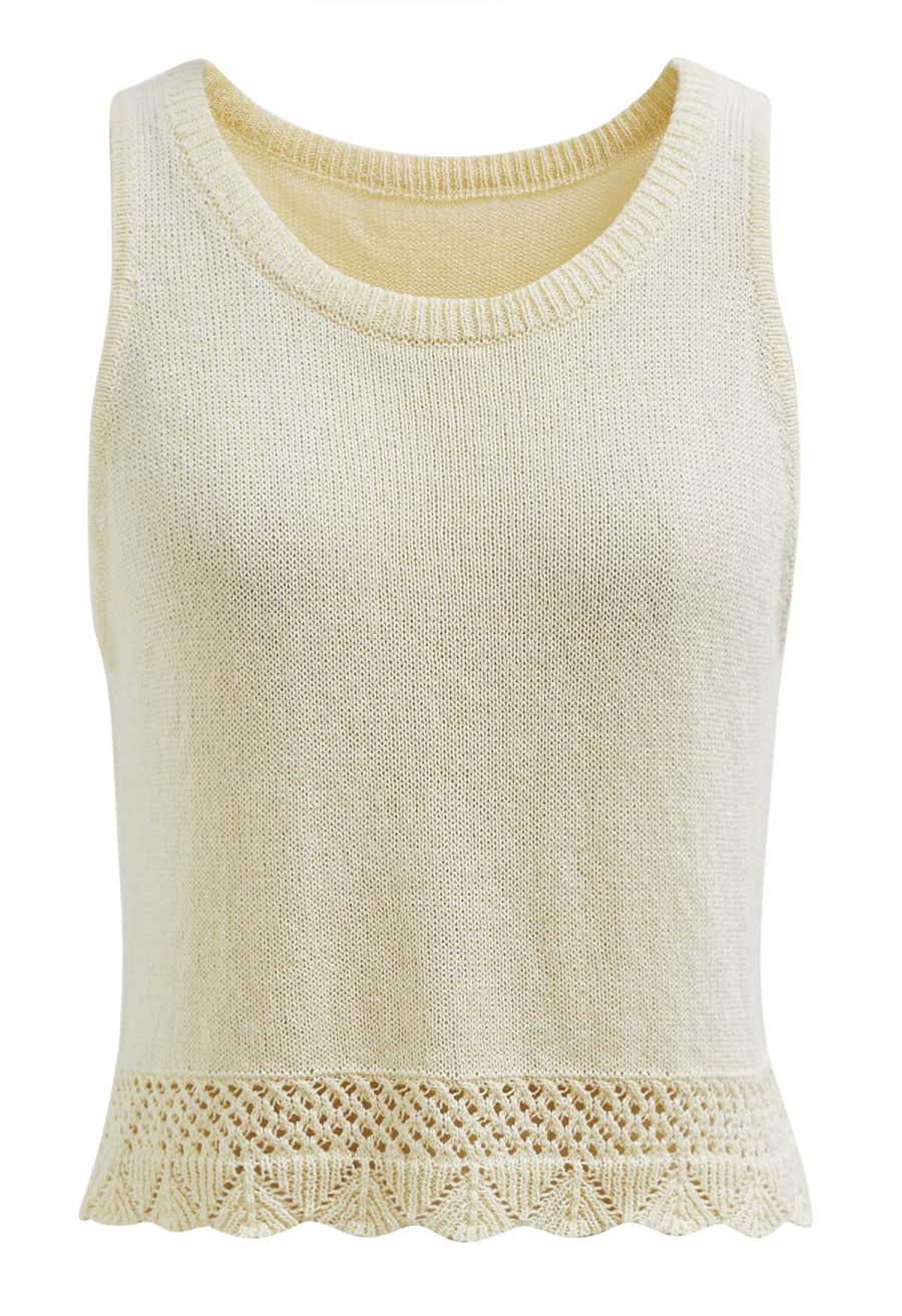 Crew Neck Sleeveless Cotton Crop Top in Light Yellow
