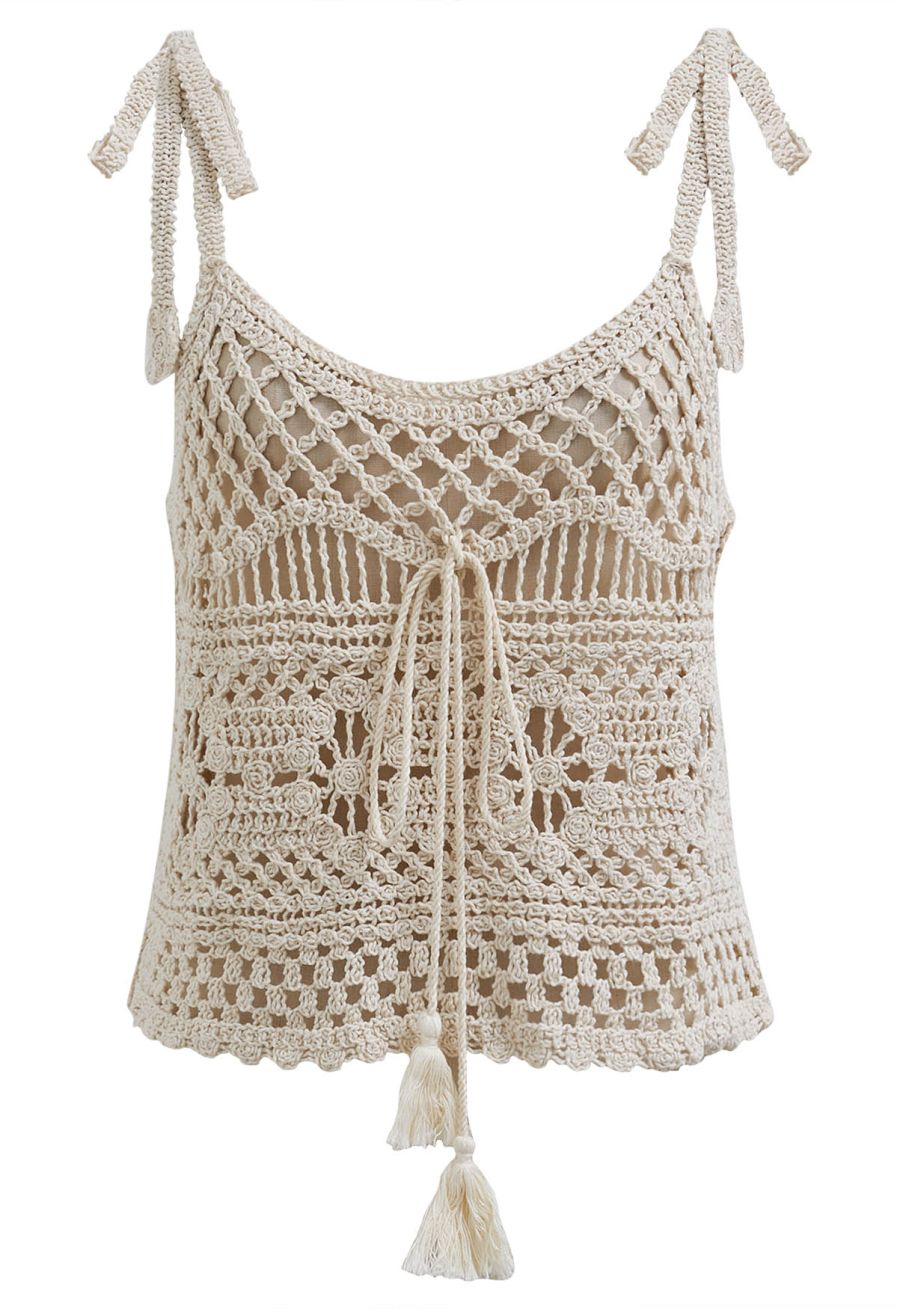 Tassel Front Open-Knit Crochet Cami Top in Sand