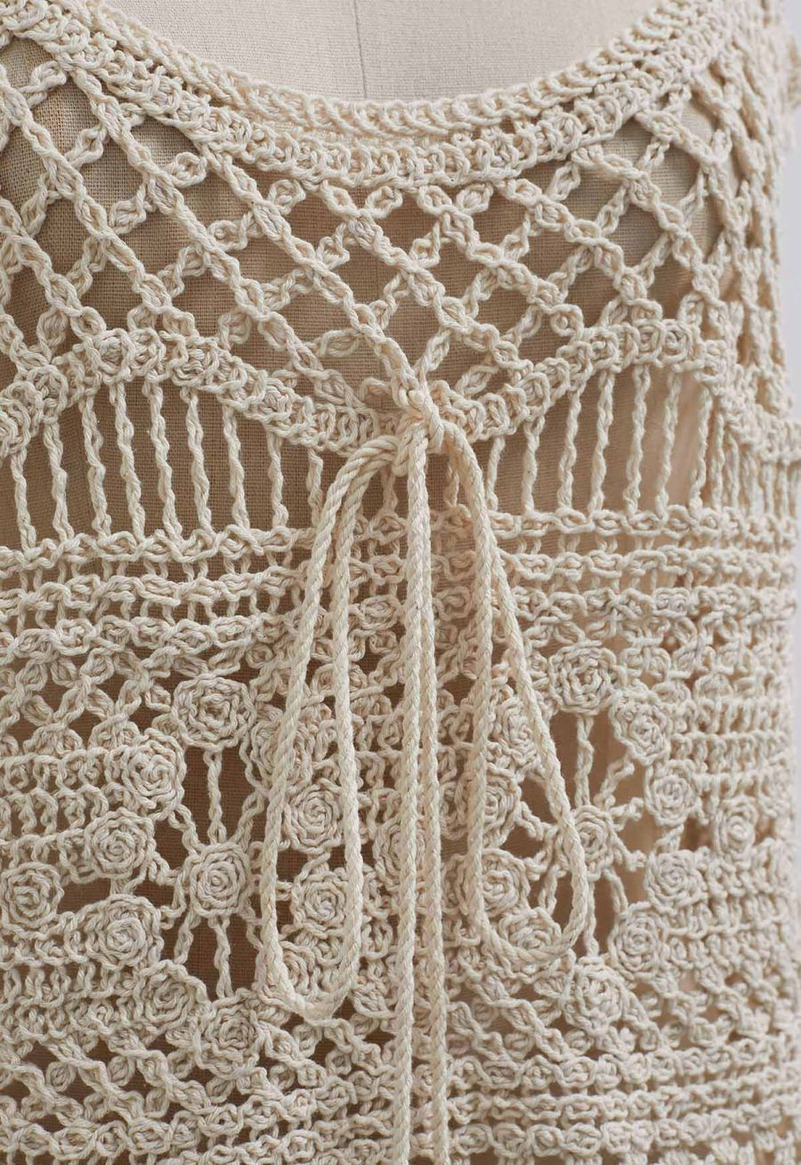 Tassel Front Open-Knit Crochet Cami Top in Sand