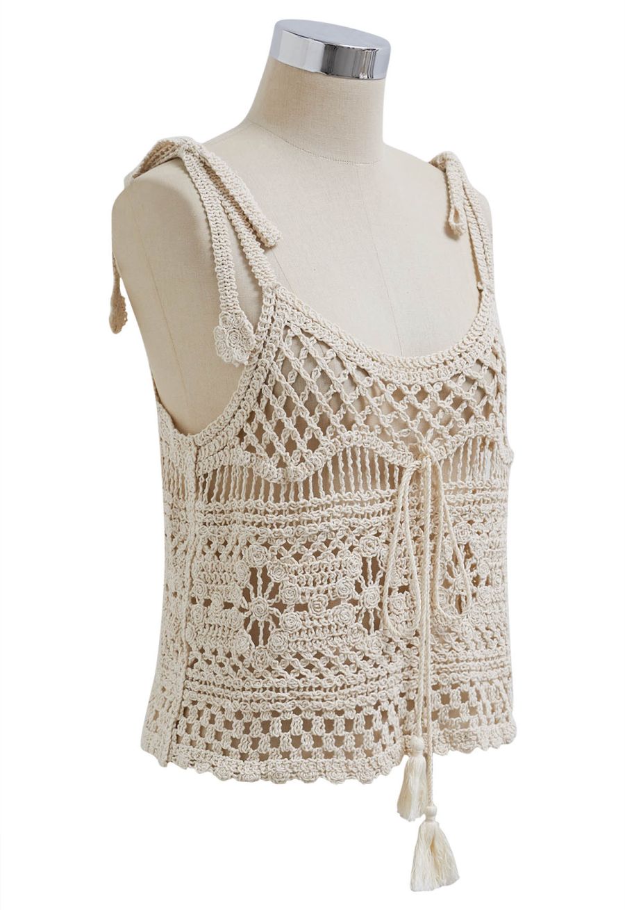 Tassel Front Open-Knit Crochet Cami Top in Sand