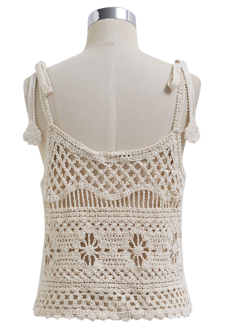 Tassel Front Open-Knit Crochet Cami Top in Sand