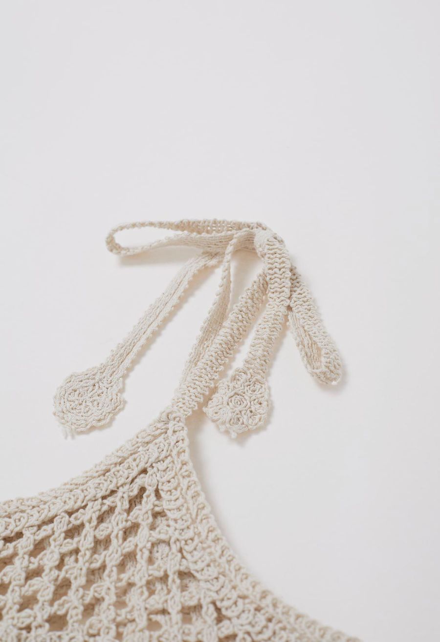 Tassel Front Open-Knit Crochet Cami Top in Sand