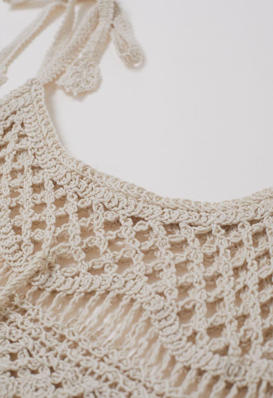 Tassel Front Open-Knit Crochet Cami Top in Sand