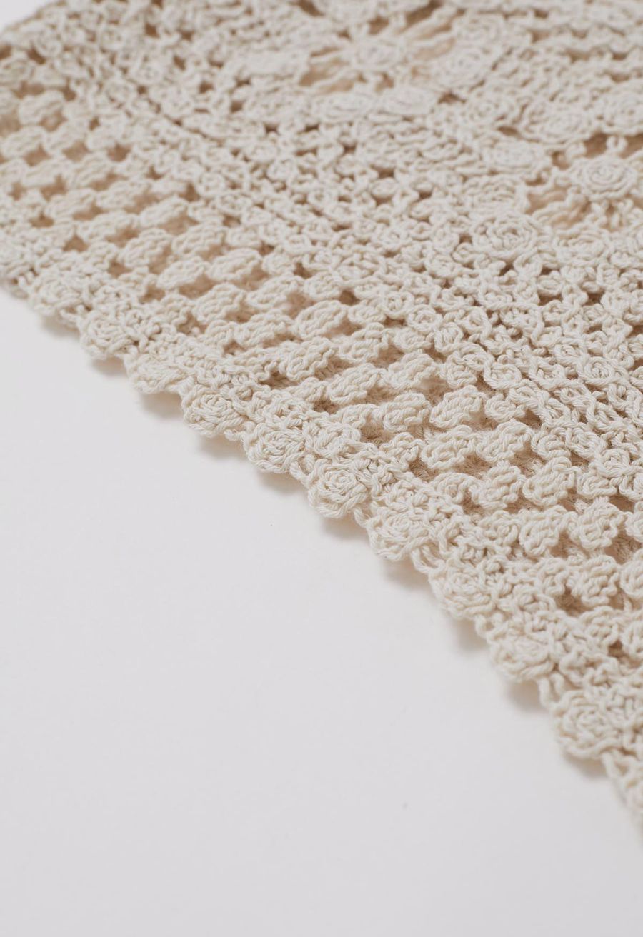 Tassel Front Open-Knit Crochet Cami Top in Sand