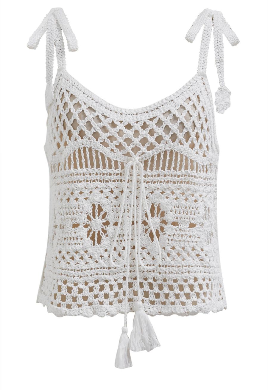 Tassel Front Open-Knit Crochet Cami Top in White