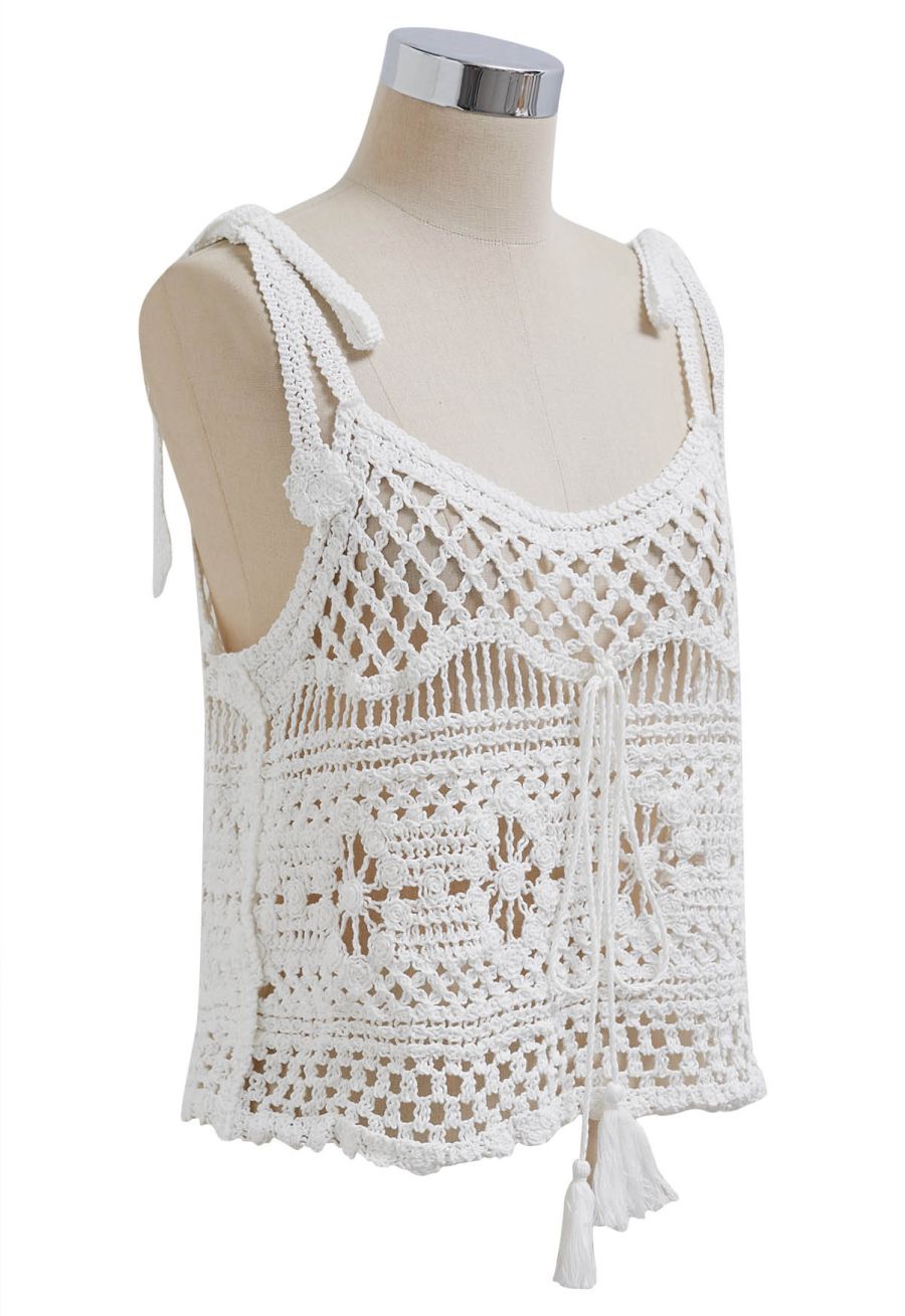 Tassel Front Open-Knit Crochet Cami Top in White