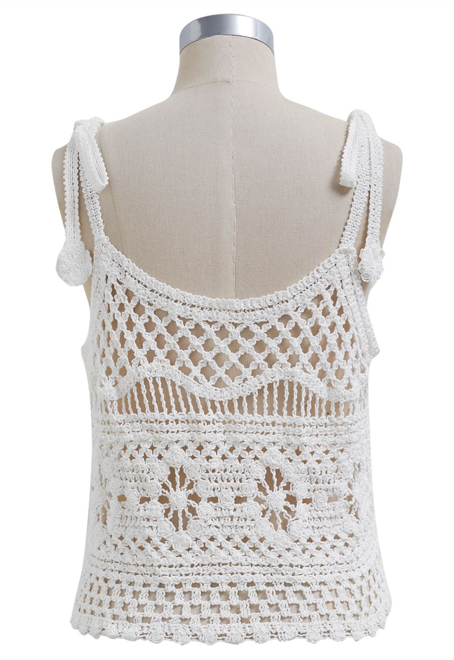 Tassel Front Open-Knit Crochet Cami Top in White