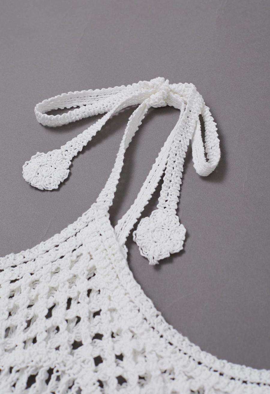 Tassel Front Open-Knit Crochet Cami Top in White