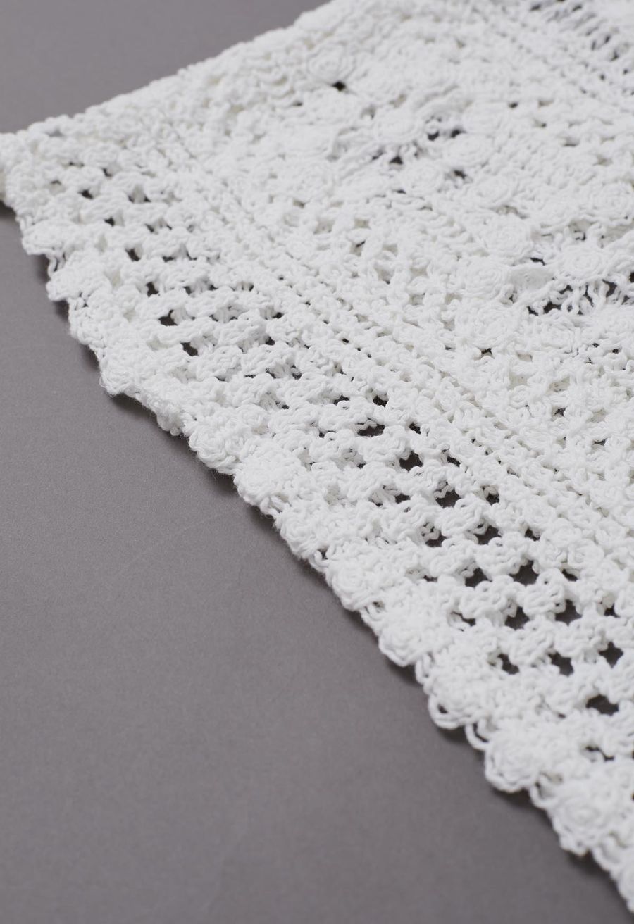 Tassel Front Open-Knit Crochet Cami Top in White