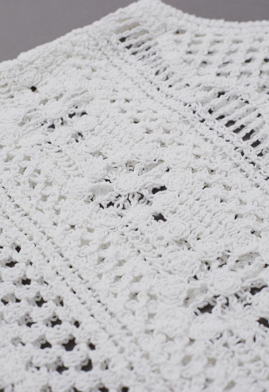 Tassel Front Open-Knit Crochet Cami Top in White