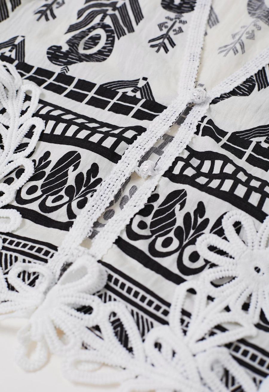 Tapework Lace Paisley Printed Sleeveless Top and Pants Set in White