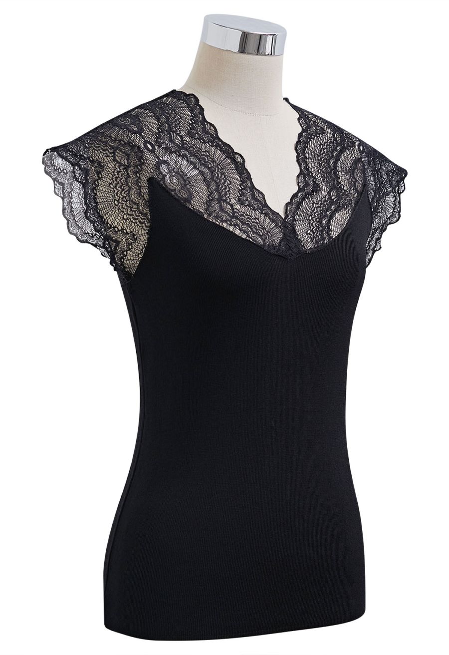 V-Neck Lacy Spliced Knit Top in Black