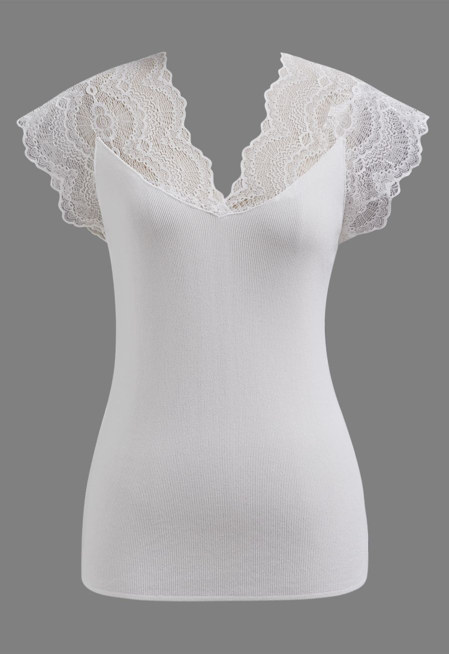 V-Neck Lacy Spliced Knit Top in White