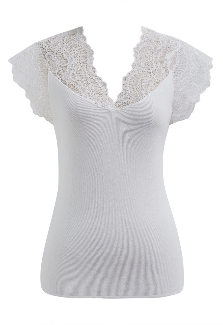 V-Neck Lacy Spliced Knit Top in White