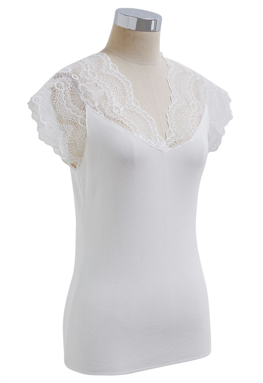V-Neck Lacy Spliced Knit Top in White
