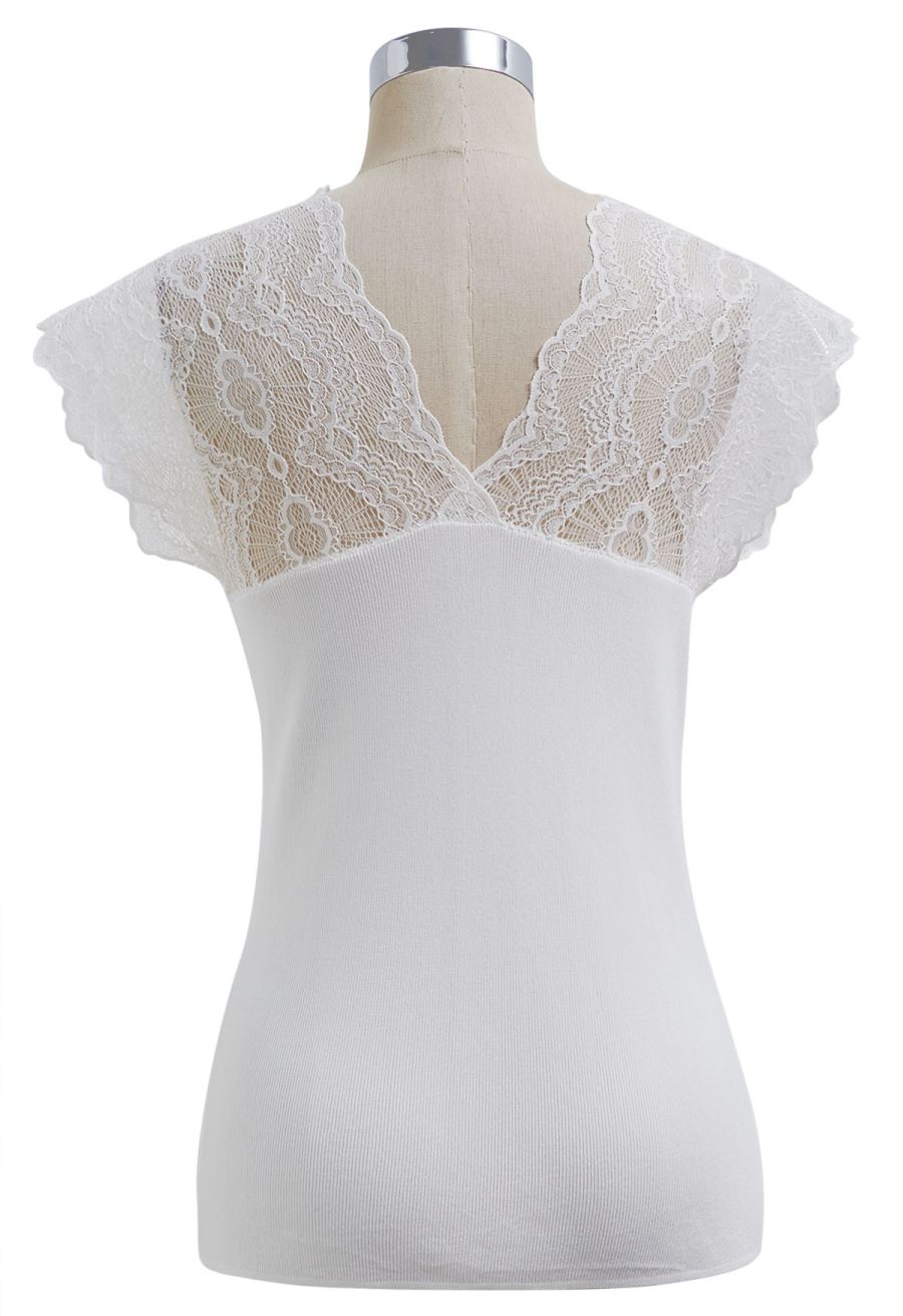 V-Neck Lacy Spliced Knit Top in White