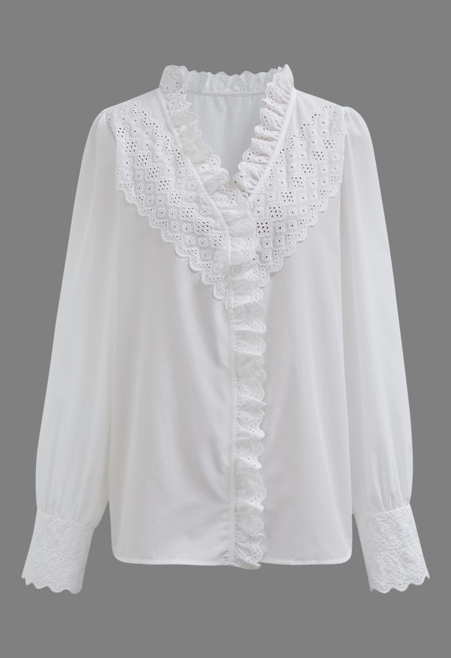 V-Neck Eyelet Embroidered Ruffle Trim Shirt