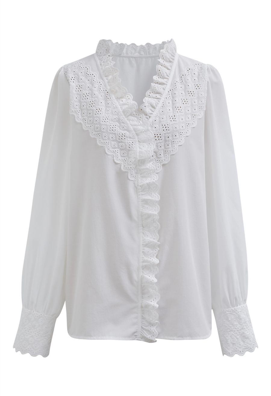 V-Neck Eyelet Embroidered Ruffle Trim Shirt
