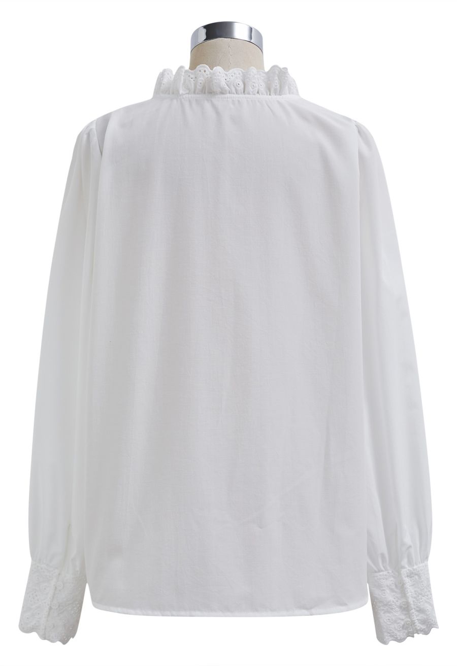 V-Neck Eyelet Embroidered Ruffle Trim Shirt