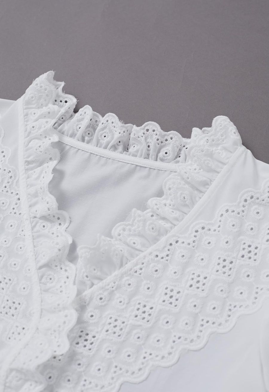 V-Neck Eyelet Embroidered Ruffle Trim Shirt