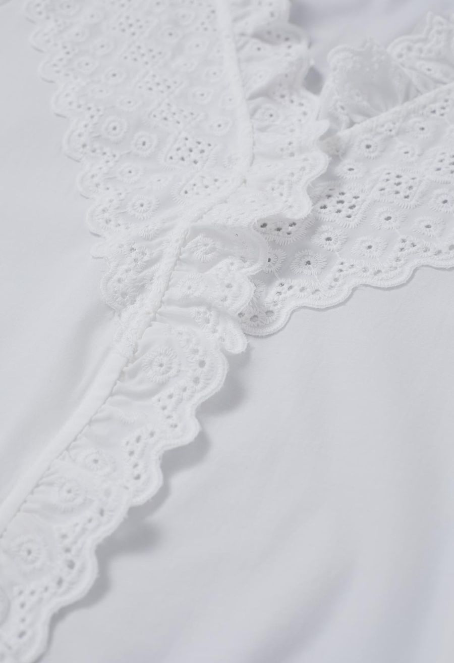 V-Neck Eyelet Embroidered Ruffle Trim Shirt