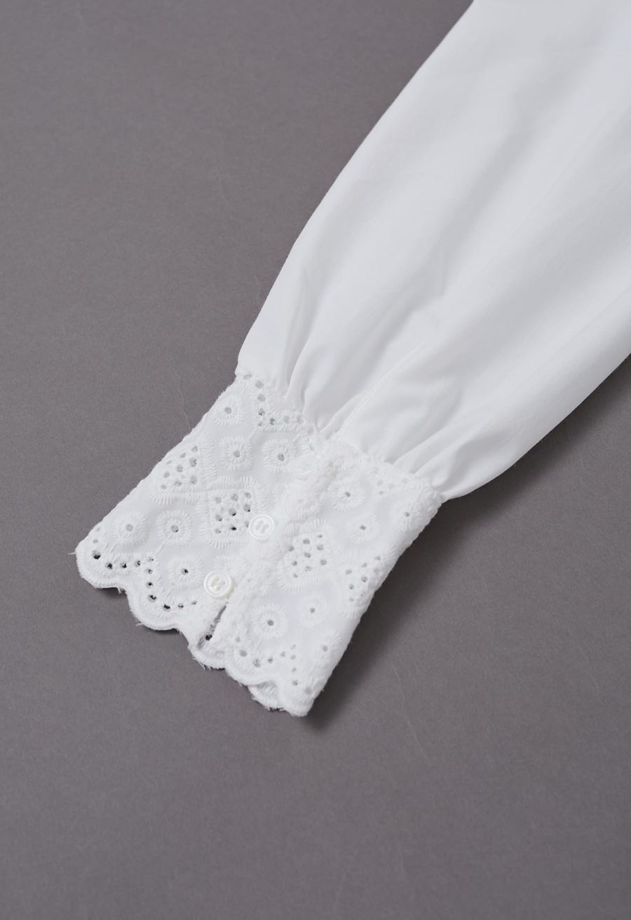 V-Neck Eyelet Embroidered Ruffle Trim Shirt