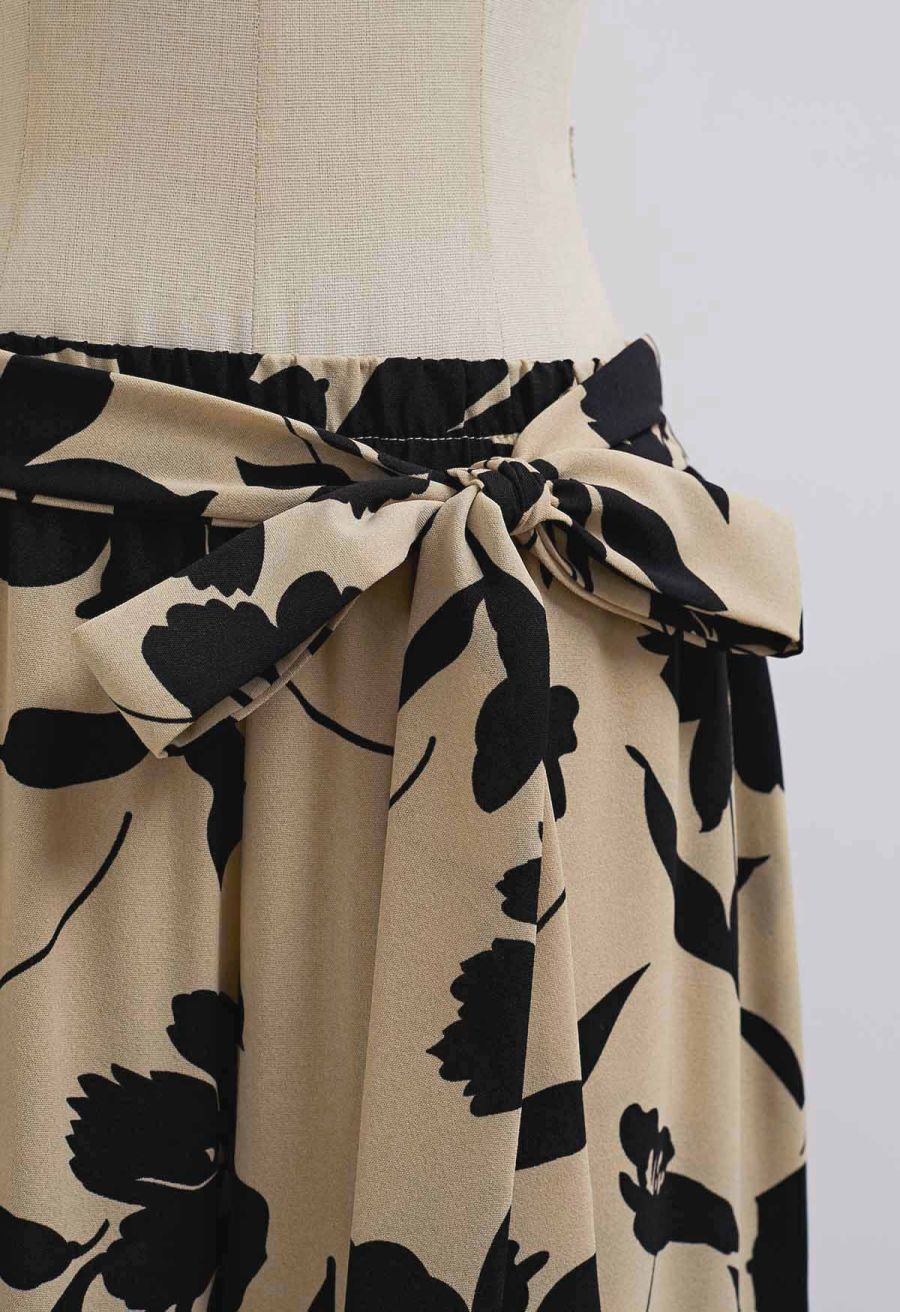 Inky Floral Bowknot Waist Pants
