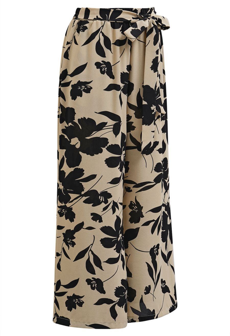 Inky Floral Bowknot Waist Pants