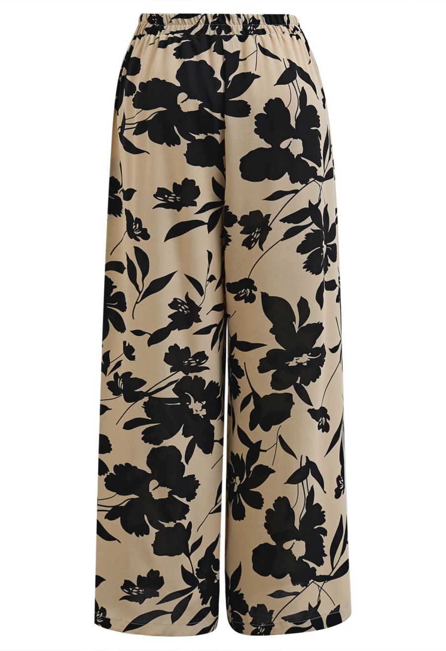 Inky Floral Bowknot Waist Pants