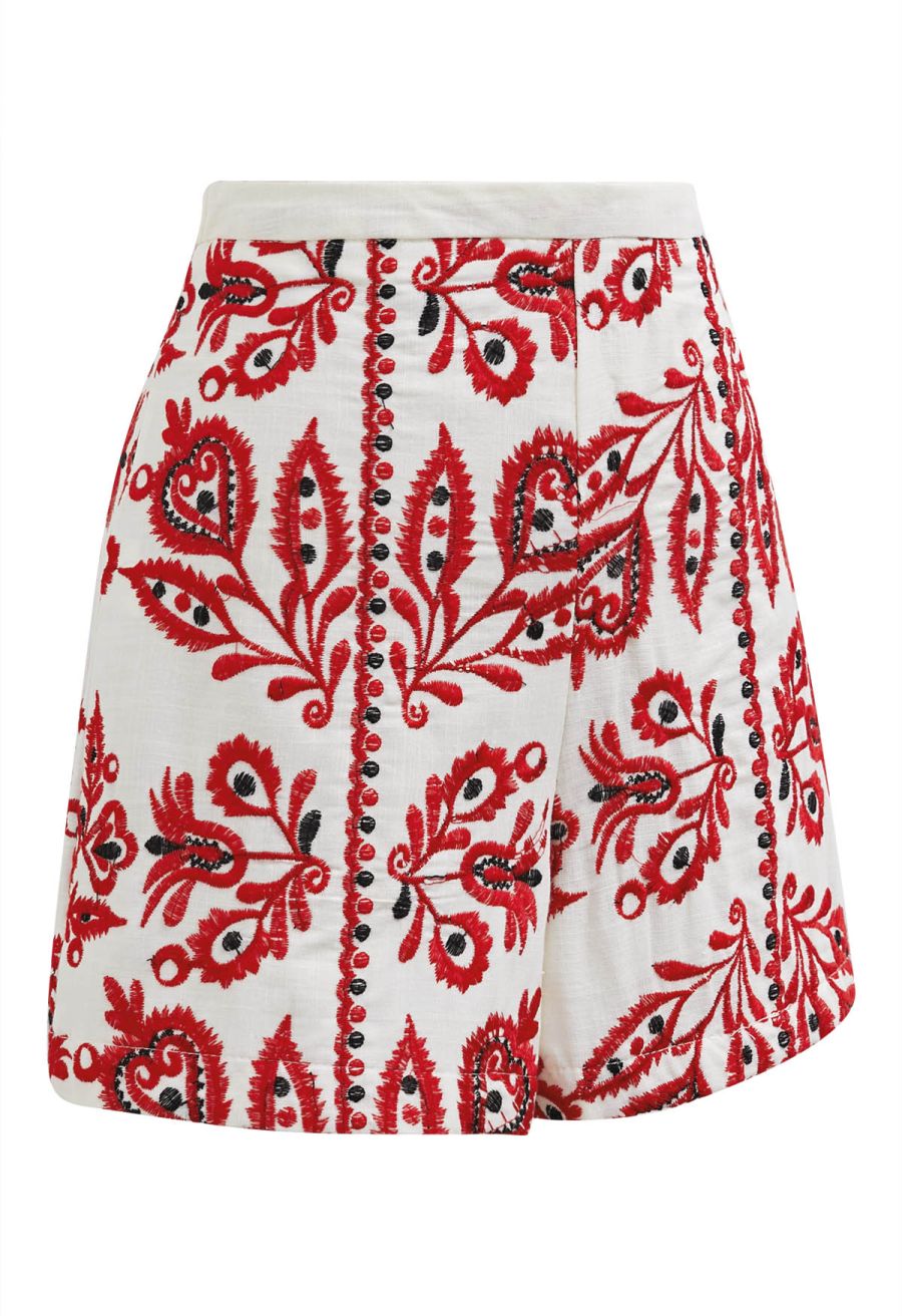 High Waist Floral Embroidered Shorts in Red