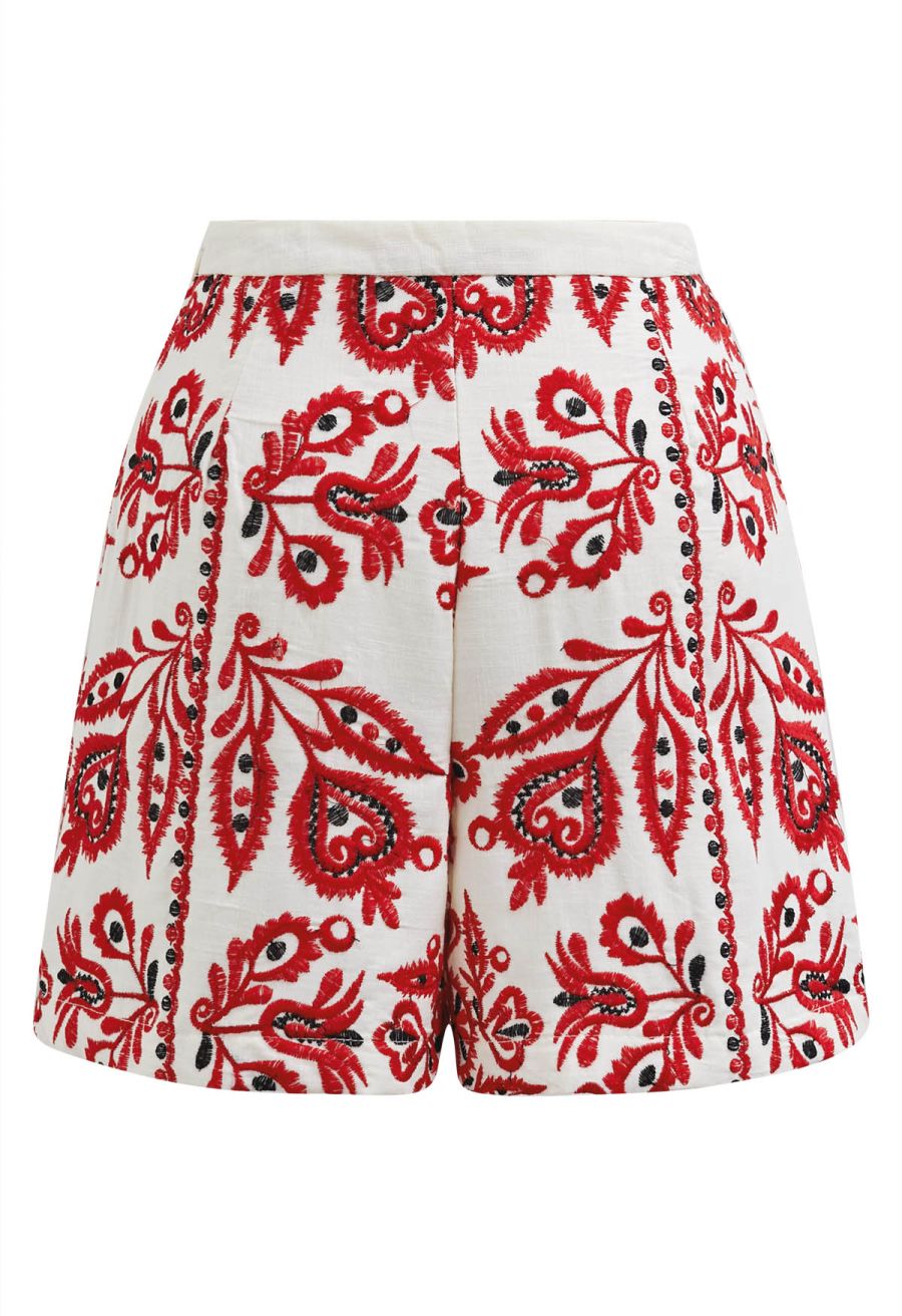 High Waist Floral Embroidered Shorts in Red
