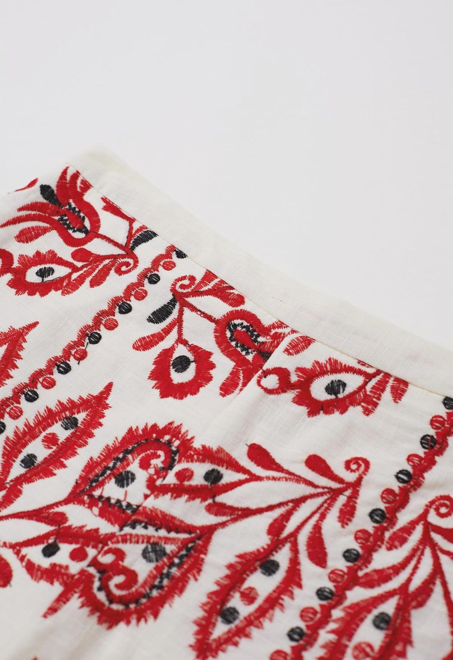 High Waist Floral Embroidered Shorts in Red