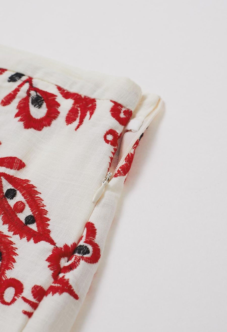 High Waist Floral Embroidered Shorts in Red