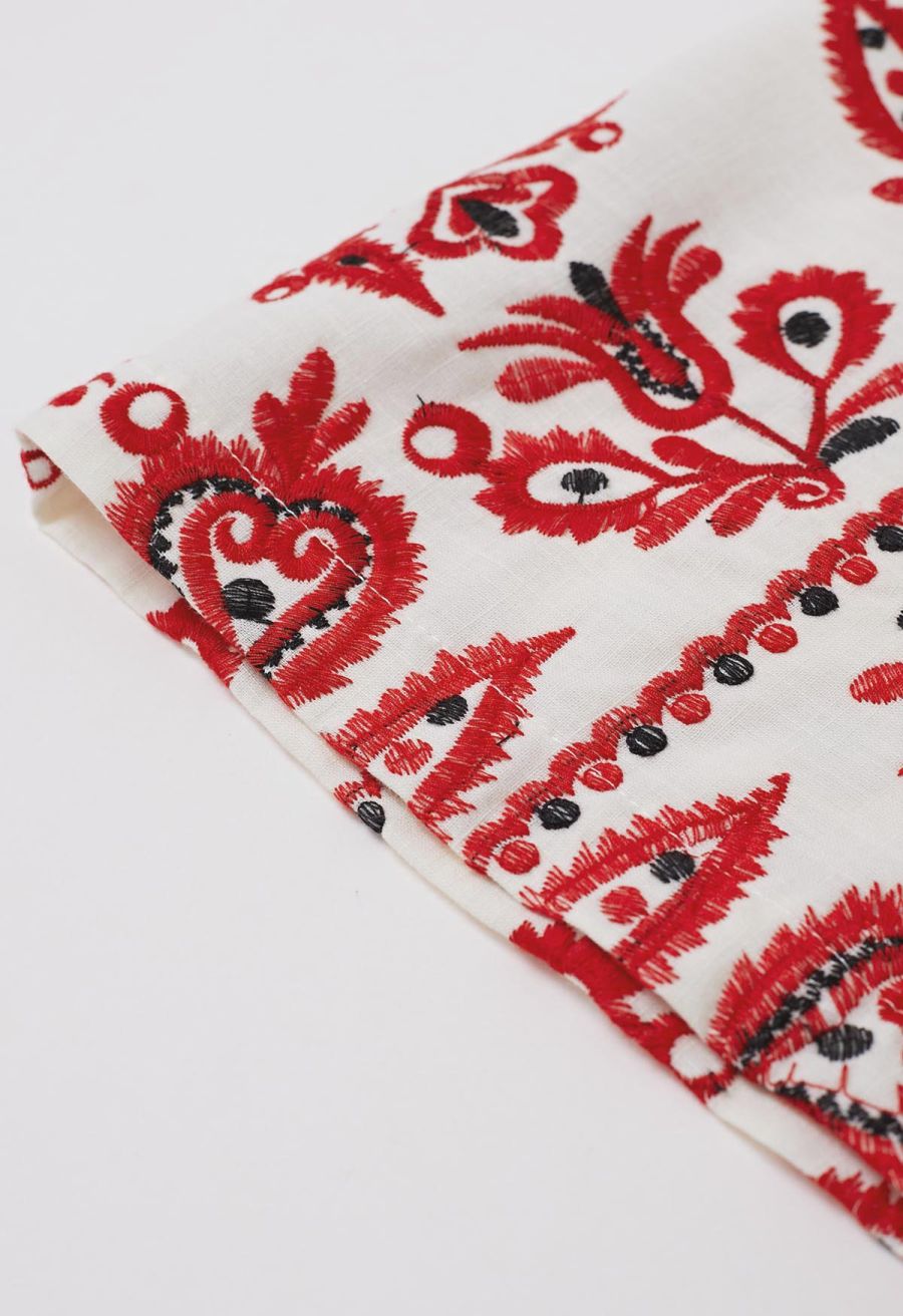 High Waist Floral Embroidered Shorts in Red