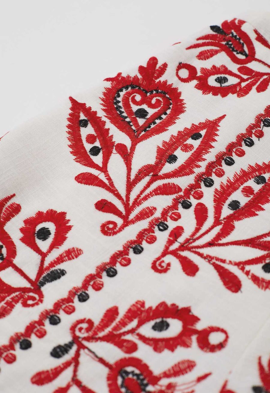 High Waist Floral Embroidered Shorts in Red